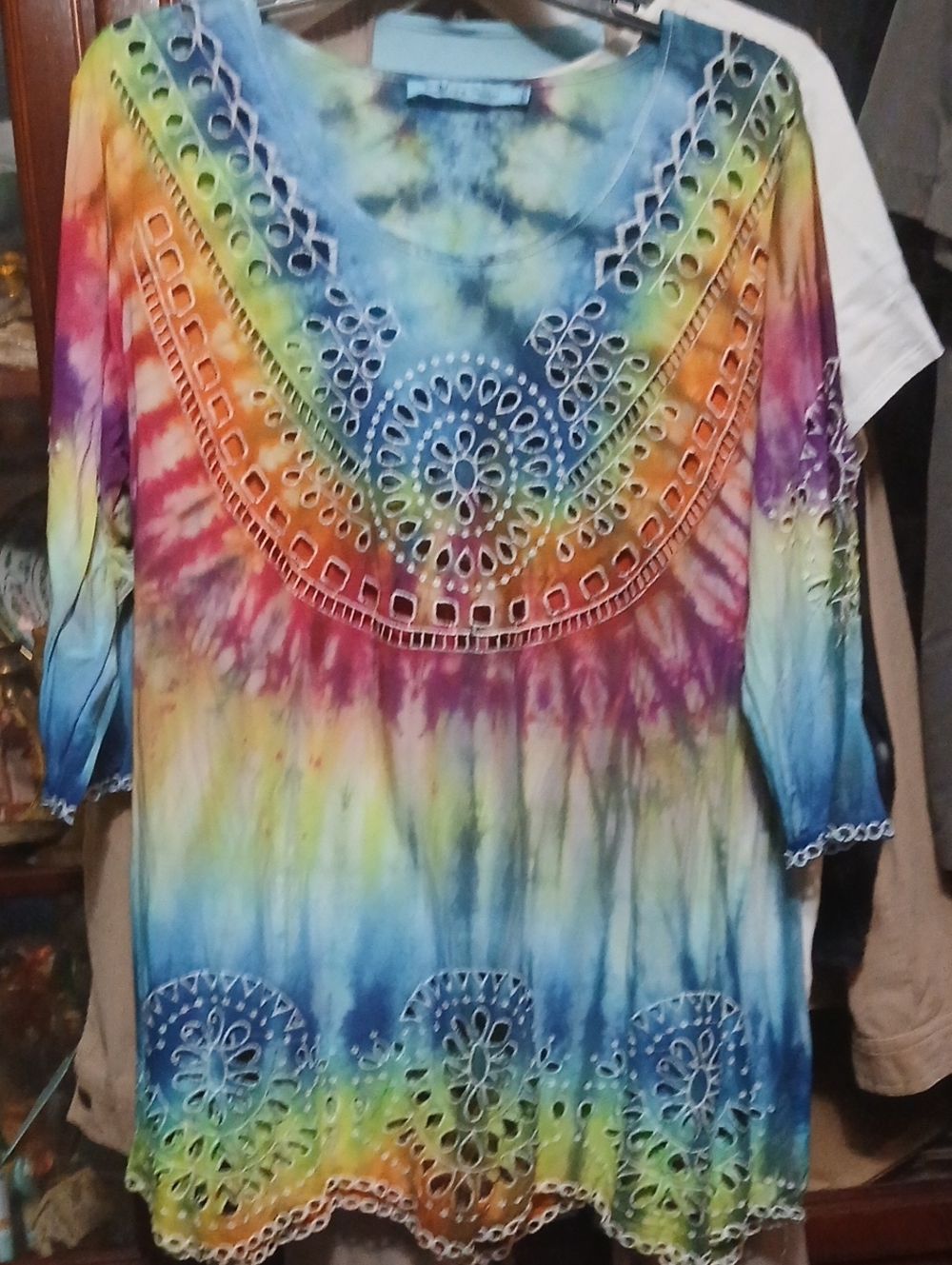 Tie-Dye Lace Cutout Women's Blouse - Multicolor,sz.L